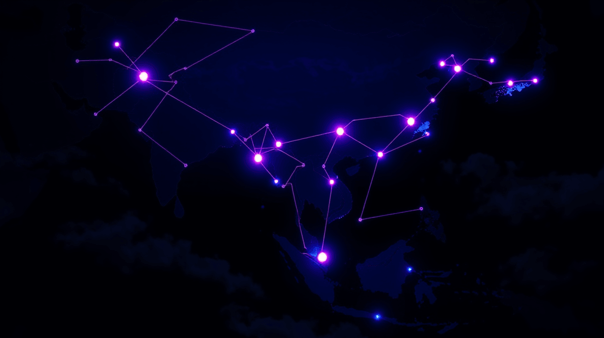 Asia-Pacific map with luminous data connection lines linking Hong Kong, Singapore, Sydney, Tokyo, and Taipei representing cross-border enterprise automation workflows